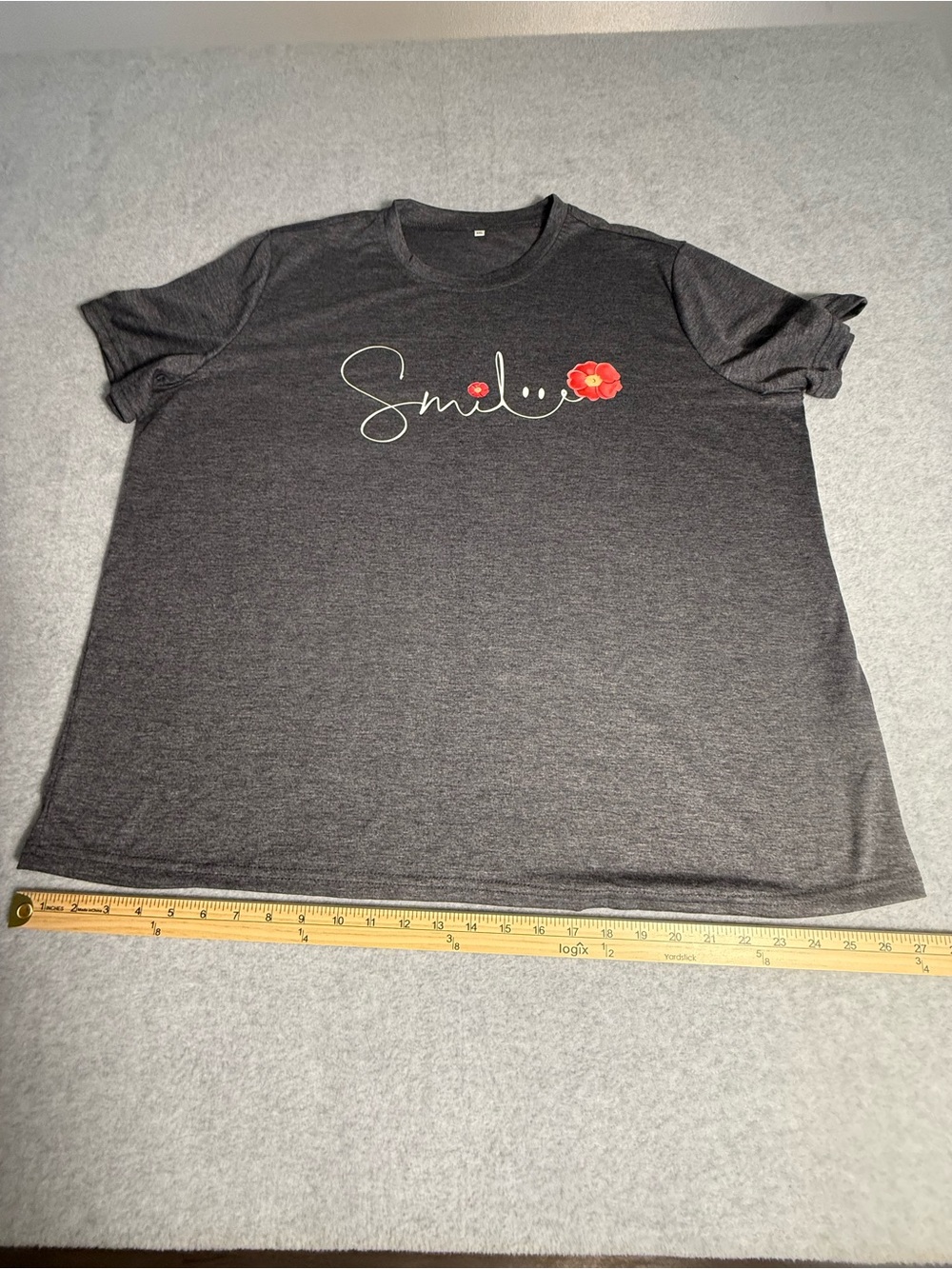 Smile Graphic Tee with Floral Detail Gray Short Sleeve Top Plus Size 3XL - Picture 6 of 9